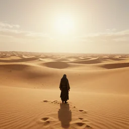 a lone mage in a giant desert full of endless sand and dry air, hot sun burning mercylessly from above, lifeless feeling of dread, octane render, unreal engine, 8k high definition