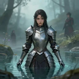 fantasy woman in armor looking herself in a pond girl miss attractive eye catching official fanart behance hd artstation, mystic, by Rossdraws and Jesper Ejsing, by Makoto Shinkai and Lois van baarle, ilya kuvshinov, mist