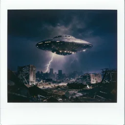 dark old polaroid of an ufo flying above an destroyed city during a thunderstorm, pictorialism, fallout, desolate, wide angle, award winning