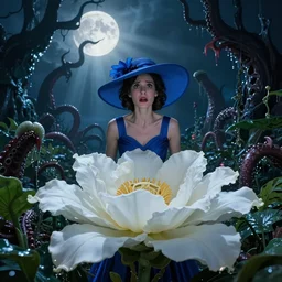 big white flower, scared jenny barnes looks at top, weared in blue cocktail dress and big blue women hat, on arkham horror background at night, evil fluid, lush plants, insane, giant tentacles, lovecraft, full bloody moon, light rays, gnarly trees by tom bagshaw, mucha, gaston bussiere, craig mullins, j. c. leyendecker 8 k