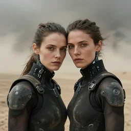 cinestill 5 0 d photographic portrait by steve mccurry of two loving female androids wearing rugged black mesh techwear on a desolate plain of existence, extreme closeup, cyberpunk style, dust storm, 8 k, hd, high resolution, 3 5 mm, f / 3 2, ultra realistic faces, ex machina