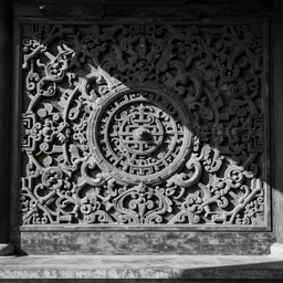 flat greyscale depthmap of mechanical chinese ornament,