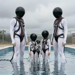 realistic photo of of common family in white space tights with many cords and detailed wires, spherical black helmets, in a big pool filled with mercury, the sky is grey 2 0 0 0, life magazine photo,