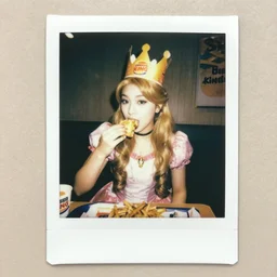 Princess Daisy eating at burger king, wearing a paper crown, polaroid