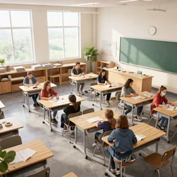 a very bright campus classroom, octane render, wide shot high angle, trending on artstation, mixed media