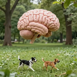 A disembodied, floating human brain taking a dog out for a walk in a lush park