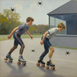 spiders on rollerblades, grant wood, pj crook, edward hopper, oil on canvas
