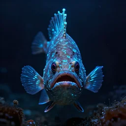 a detailed spooky photograph of an angler fish with light blue neon - like lights, deep underwater scene, dark image, menacing angler fish, symmetry, poster