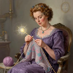 miss marple!!! as a knitting sorceress, knitting together a magical spell with magic knitting needles, elegant intricate digital painting artstation concept art by mark brooks and brad kunkle extreme detailed