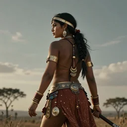 back view of a beautiful indian tribal woman warrior,  by dreadjim, Greg Rutkowski, james gurney, low angle view, masterpiece, cinematic
