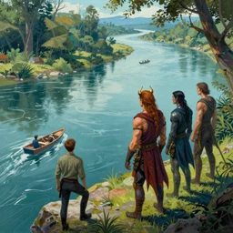 demons stand on the bank of a huge river and watch, high detailed, art by jack butler, part by chris gwaltney dominic besner, colourful