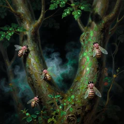 a baroque neoclassicist close - up painting of trees and pink wasps with glowing green. reflective detailed textures. glowing colorful fog, black background. highly detailed fantasy science fiction painting by moebius, norman rockwell, frank frazetta, and syd mead. rich colors, high contrast. artstation