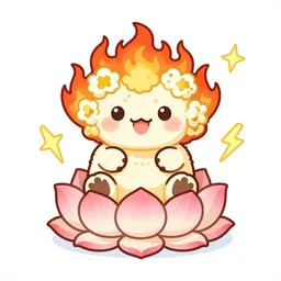 cute fluffy popcorn with lightning bolt power yokai, in the style of a manga character, with a smiling face and flames for hair, sitting on a lotus flower, white background, simple, clean composition, symmetrical