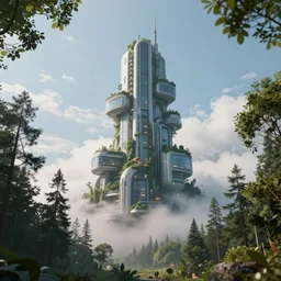 a lone futuristic houses in a forest towering over clouds, camera from below, high depth field, 8 k, realistic digital art, trending on artstation