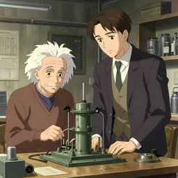inside the workshop with alan turing cracking the enigma with the help of albert einstein, anime, manga style,