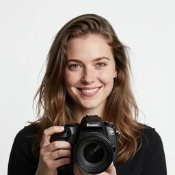 woman from scandinavia, 2 0 years old, smiling and looking directly at the camera, dslr, portrait photo, white background, leibowitz