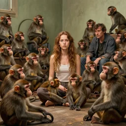 room full of monkeys. realistic shaded lighting, magali villeneuve, artgerm, jeremy lipkin and michael garmash and rob rey