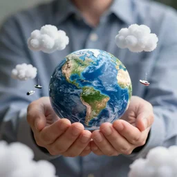 Holding miniature Earth in Hands, with alot of small fluffy clouds floating around miniature earth, small boats on the miniature Earth, 40nm lens, wide angle, shallow depth of field, 4k,