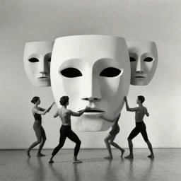 pinhole photo of dancers in BIG GEOMETRIC MASKS, smudge, lo fi, mix, texture, by Karl Blossfeldt