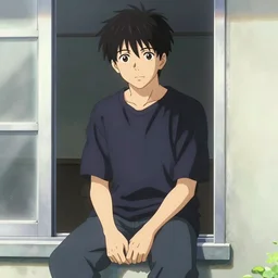 guy sitting in window, anime, detailed anime, manga anime, moebius, ufotable studio art style, colorful, faded effect, vaporwave!, studio art,