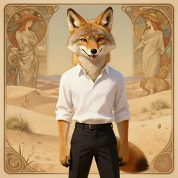 Character portrait of a happy furry anthro coyote wearing a white button-down shirt and black slacks in the desert wilderness, intricate, elegant, highly detailed, digital painting, artstation, concept art, smooth, sharp focus, illustration, art by Krenz Cushart and Artem Demura and alphonse mucha