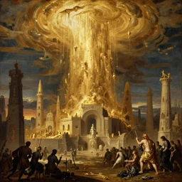 reinassence painting gold drenched apocalyptic necropolis. gold cascade from the afternoon sky - s 1 5 0