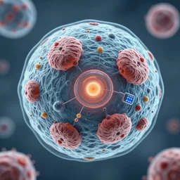 spherical biological cell with organoids and electronic implants scientific microscopic rendering