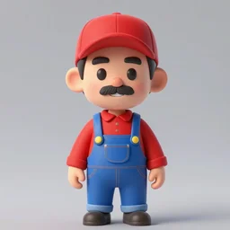 a portrait of a man with a mustache wearing a long - sleeved red shirt, a pair of blue overalls with yellow buttons, and a red cap, chibi art style, unreal engine,