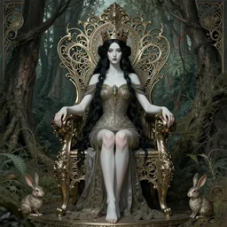 of a beautiful black haired woman with pale skin and a crown on her head sitted on an intricate metal throne, intricate, elegant, magical, powerful, art nouveau, baroque style, forest, rabbit, enchanted, art by art by artgerm and greg rutkowski and ruan jia and peter polach