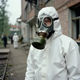 man in a anti-radiation hazmat suit and gasmask at distance in chernobyl, ww1 film photo, grainy, high detail, high resolution