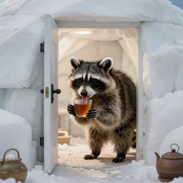 a raccoon sipping tea in the doorway to an igloo, photorealistic