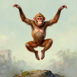 a highly detailed illustration of a monkey - human hybrid deity, leaping with arms up, in the style of malika favre.