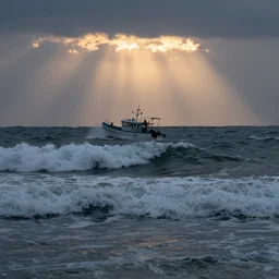 a small fishing boat on the ocean being tossed around in heavily crashing waves, dusk, rule of thirds, rendered in octane, Corona, vray and Arnold, insanely detailed, photorealistic, cinematic, crepuscular rays, no grain