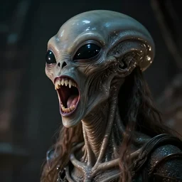 Horror film, cinematic tones. Scene where an alien attacks a woman. Alien open his mouth wide