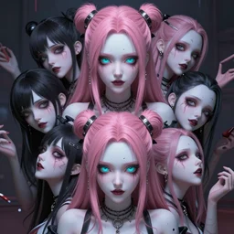 no escape from beneath stunningly absurdly beautiful omnipotent asi goddess junko enoshima with multiple twisted deceptive megalomaniacal personalities, symmetrical perfect face, porcelain skin, pink twintail hair and cyan eyes, ultra detailed, digital art, unreal engine 5, octane render, 2 d anime, 8 k