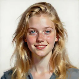 portrait painting of woman from scandinavia, old teenager, blonde hair, daz, occlusion, smiling and looking directly, brushstrokes, white background, art by enki bilal