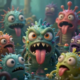 intricate colourful murky with strange cute friendly angry crazy! creatures with huge beauty eyes long tongue triangle teeth and scary face appearing from the water, in the style of craola, shallow depth of field, highly detailed, digital painting, trending artstation, concept art, illustration, cinematic lighting, vibrant colors, photorealism, epic, octane render