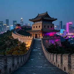 the great wall of china getting remodeled to fit the cyberpunk city behind it, high detail, 4 k, neon lights