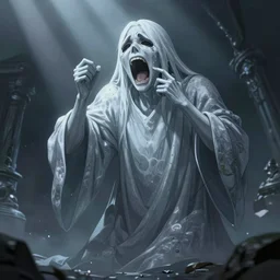 a roaring and crying ghost, tall, silver skin, illustration, cinematic lighting, 8 k, d & d, frostbite 3 engine, dof, artstation, intricate, digital art, crepuscular ray, art by tsuyoshi nagano, greg rutkowski