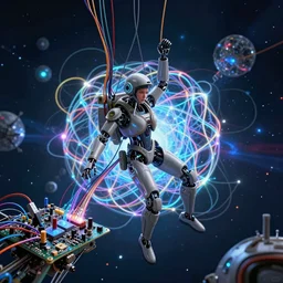 dark scene foreground : a beautiful robot fighter pilot is battling, suspended by luminous intricate organic and colorful electric cables and wires and fiber to the jet cockpit computer motherboard, experiencing the quantum field cinematic highly detailed realistic beautiful cosmic neural network o