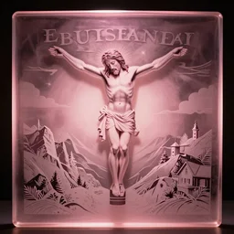 pink glass etched with the incarnation of Jesus Christ