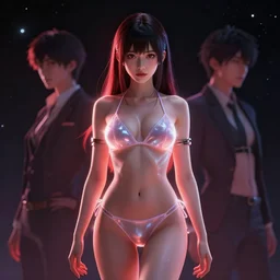 portrait of Queen of the Multiverse, teen Japanese female from Kakegurui, rule of thirds, captivating glowing lights, posing for Dolce and Gabanna, seductive, revealing, transparent bikini, set on interstellar space, photo realistic by Yaşar VURDEM , artstation, unreal engine, character concept art. sz Zak and Taro Okamoto and Gal Barkan, high quality printing, fine art with subtle redshift rendering