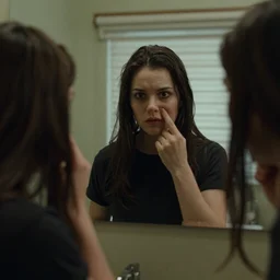 serial killer looking in the mirror, centered on the camera, film still from horror documentary movie, 4k