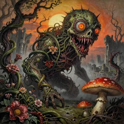 an incredibly beautiful but ominous matte painting depicting a profusion of evil carnivorous vines and flowers and twisted bony trees and bloated toadstools, with horrifying huge burning eyes and jagged bloody teeth and thorns, overgrowing a desolate ruins submerged in fog beneath the setting sun by lisa frank and beksinski and wayne barlowe, exquisite detail, post processing, masterpiece, cinematic, sharp focus, deep colors