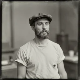 daguerreotype photograph of jerma 9 8 5 wearing a ripped t - shirt and a newsboy cap, old photo, vintage, industrial revolution, historical archive, realistic