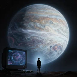 tiny silhouette staring at gas giant. maybe what we ought to provide is a fulgurant sense of the drifting aura, the more bespectacled dilemma that presents itself when two tides collapse, a fluid dynamics displayed on a futuristic CRT, back when technology loops back around with all the Heavenly Godlike tech we know now, ah yes, after wwiii that is, the end of times loop back, eternal return.