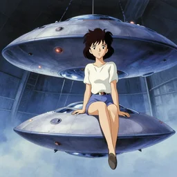 a film still of a 1 9 5 0's sci fi anime girl sitting on the roof of flying ufo landing in hangar of giant spaceship, sharp face focus, full body mid shot, perfect art, trending on pixiv fanbox, painted by gaston bussiere, makoto shinkai, akihiko yoshida, gaston bussiere, craig mullins