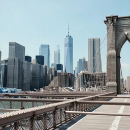 a grey concrete construction of the skyline of new york viewed from the brooklyn bridge as painted by james jean and edward hopper