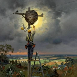 A lineman working on a utility pole with a wasp nest on it, painting by Chris Van Allsburg