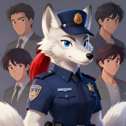 beautiful portrait of a female anthropomorphic albino wolf fursona police officer wearing a red ponytail. character design by disney, charlie bowater, ross tran, artgerm, and makoto shinkai, detailed, soft lighting, rendered in octane